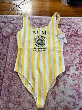 Forever 21 Yellow and White Striped Tank Bodysuit with Logo